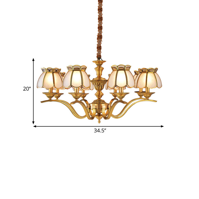 Scalloped Chandelier Pendant Lamp - Colonial Brass With Frosted Glass 6-Light Ceiling Fixture