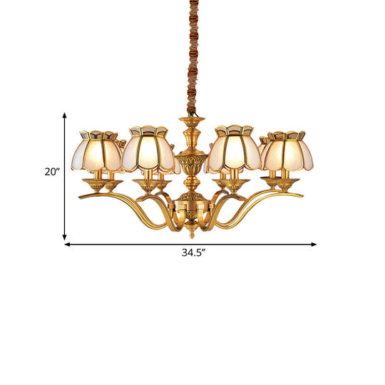 Scalloped Chandelier Pendant Lamp - Colonial Brass With Frosted Glass 6-Light Ceiling Fixture