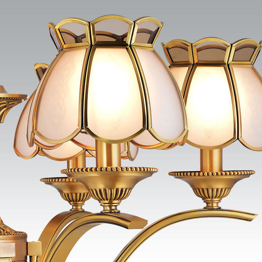 Scalloped Chandelier Pendant Lamp - Colonial Brass With Frosted Glass 6-Light Ceiling Fixture