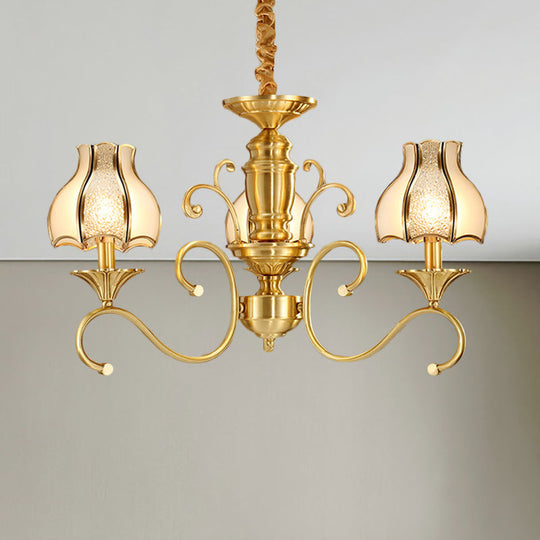 Swirled Arm Suspended Chandelier In Gold: Colonial Style With Frosted And Water Glass Shade (3/5/6