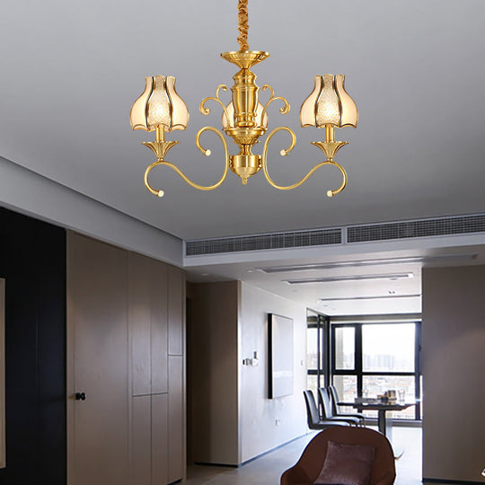 Swirled Arm Suspended Chandelier In Gold: Colonial Style With Frosted And Water Glass Shade (3/5/6