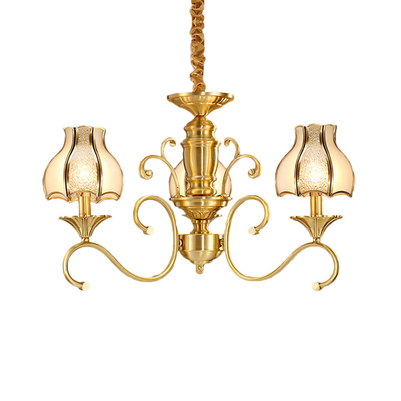 Swirled Arm Suspended Chandelier In Gold: Colonial Style With Frosted And Water Glass Shade (3/5/6