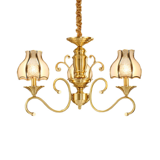 Swirled Arm Suspended Chandelier In Gold: Colonial Style With Frosted And Water Glass Shade (3/5/6