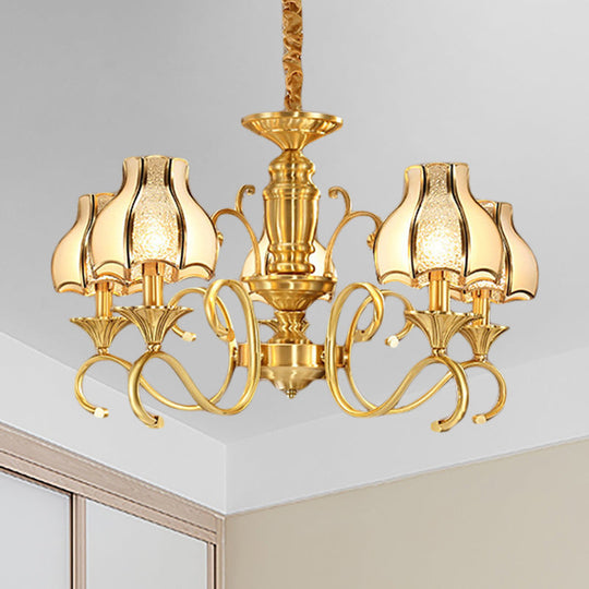 Swirled Arm Suspended Chandelier In Gold: Colonial Style With Frosted And Water Glass Shade (3/5/6