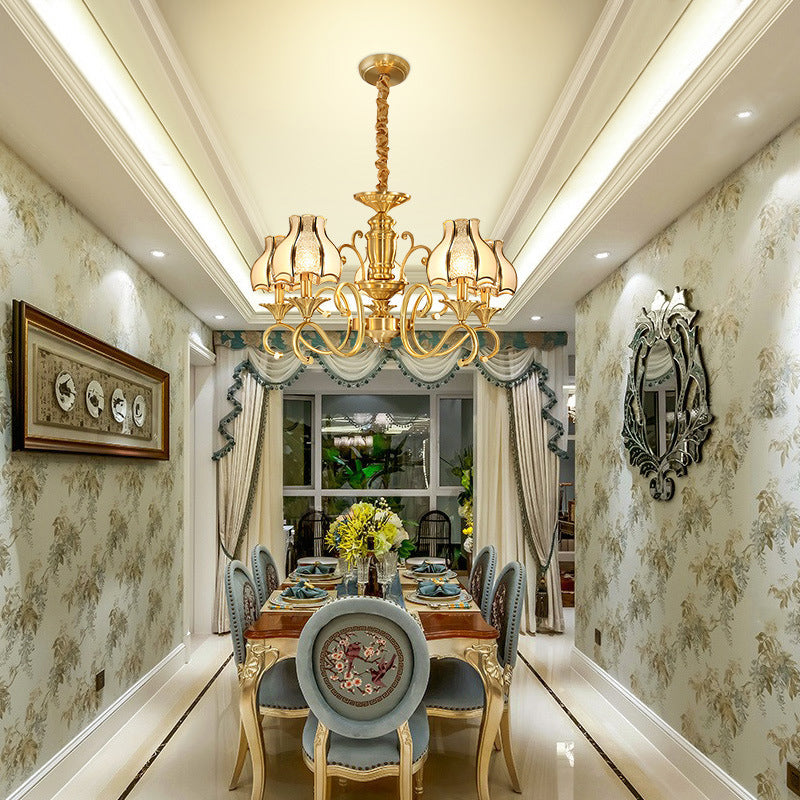 Swirled Arm Suspended Chandelier In Gold: Colonial Style With Frosted And Water Glass Shade (3/5/6