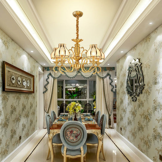 Swirled Arm Suspended Chandelier In Gold: Colonial Style With Frosted And Water Glass Shade (3/5/6