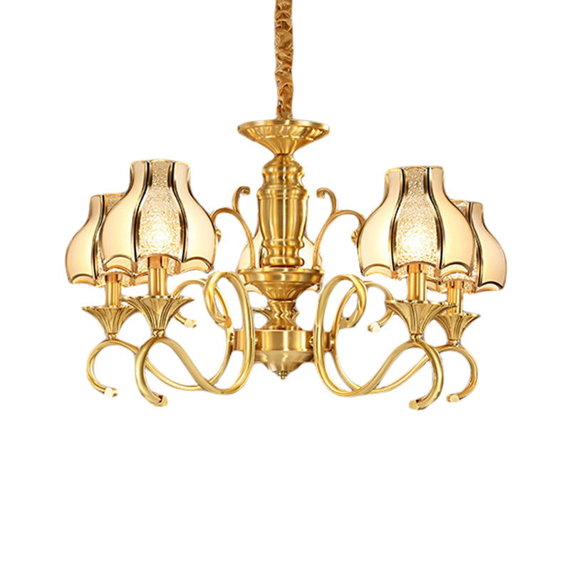 Swirled Arm Suspended Chandelier In Gold: Colonial Style With Frosted And Water Glass Shade (3/5/6