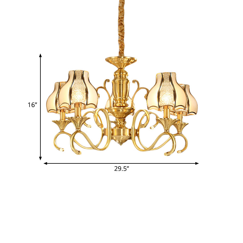 Swirled Arm Suspended Chandelier In Gold: Colonial Style With Frosted And Water Glass Shade (3/5/6