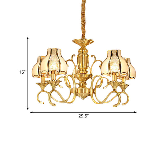 Swirled Arm Suspended Chandelier In Gold: Colonial Style With Frosted And Water Glass Shade (3/5/6