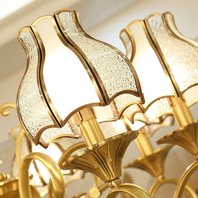 Swirled Arm Suspended Chandelier In Gold: Colonial Style With Frosted And Water Glass Shade (3/5/6