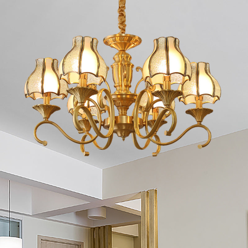 Swirled Arm Suspended Chandelier In Gold: Colonial Style With Frosted And Water Glass Shade (3/5/6