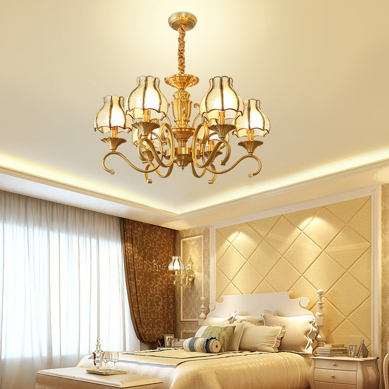 Swirled Arm Suspended Chandelier In Gold: Colonial Style With Frosted And Water Glass Shade (3/5/6