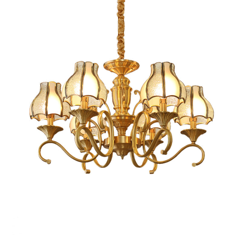 Swirled Arm Suspended Chandelier In Gold: Colonial Style With Frosted And Water Glass Shade (3/5/6