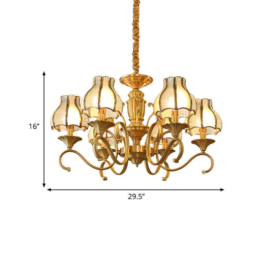 Swirled Arm Suspended Chandelier In Gold: Colonial Style With Frosted And Water Glass Shade (3/5/6