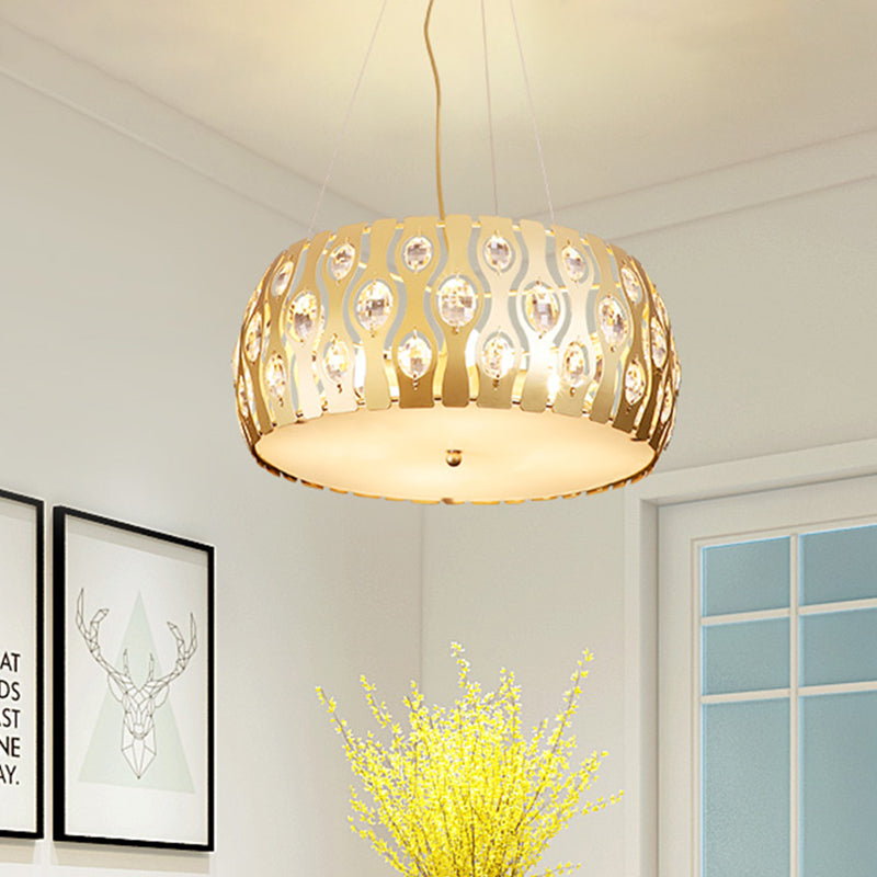 Modern Metal Drum Chandelier With Crystal Accents - 3/4 Lights Gold Finish 15/19 Width