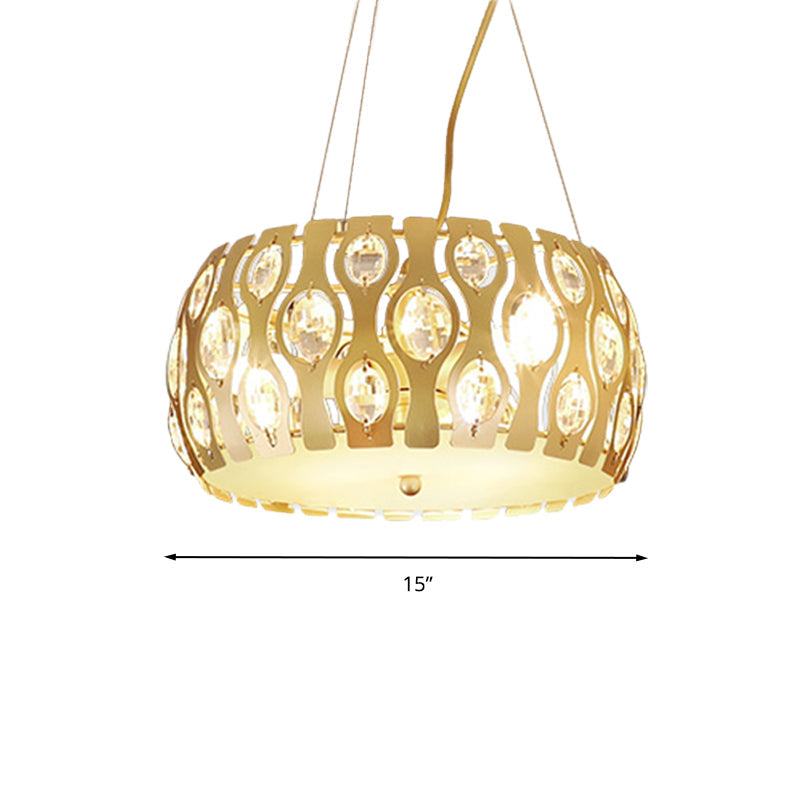 Modern Metal Drum Chandelier With Crystal Accents - 3/4 Lights Gold Finish 15/19 Width