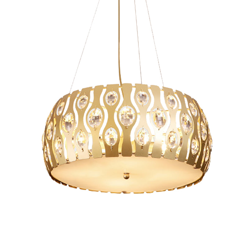 Modern Metal Drum Chandelier With Crystal Accents - 3/4 Lights Gold Finish 15/19 Width