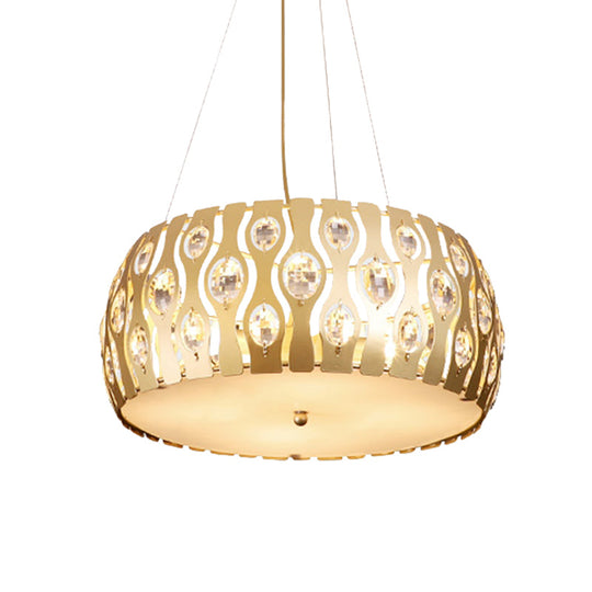 Modern Metal Drum Chandelier With Crystal Accents - 3/4 Lights Gold Finish 15/19 Width