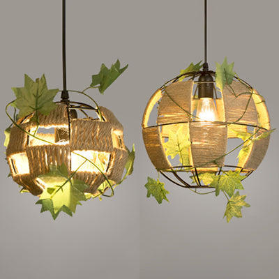 Global Cage Pendant Lamp with Rope and Metal 1 Head - Country Style Beige Hanging Light for Restaurants