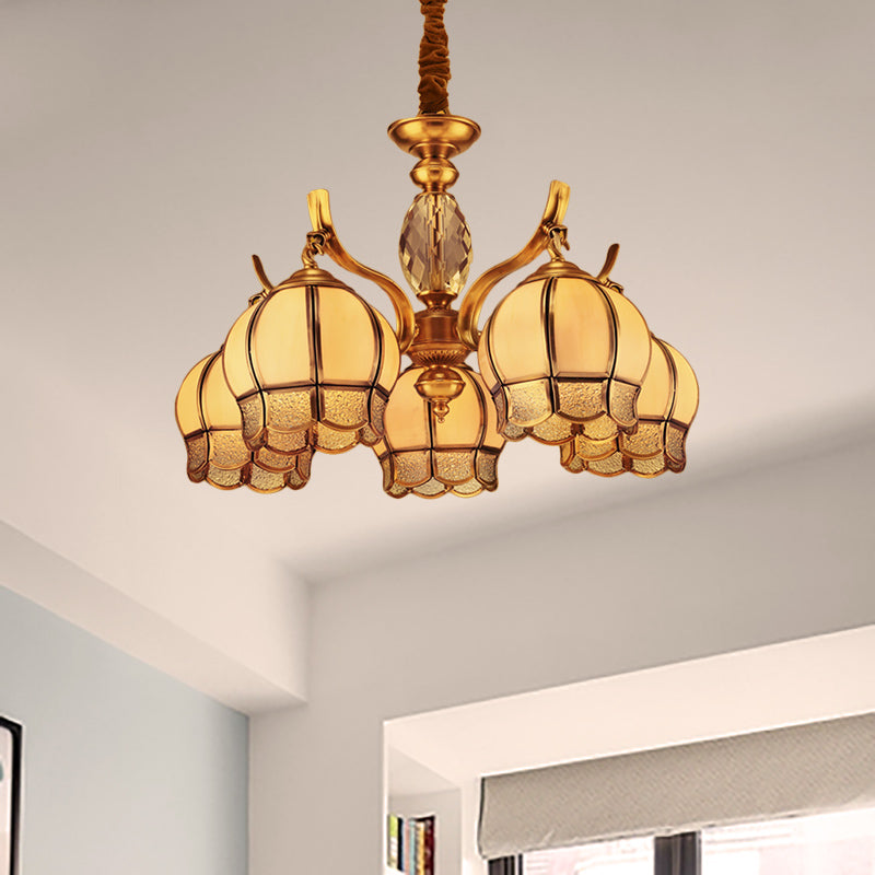 Colonial Frosted Glass 5-Light Gold Ceiling Chandelier - Bud Bedroom Pendant Light