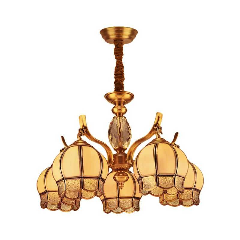 Colonial Frosted Glass 5-Light Gold Ceiling Chandelier - Bud Bedroom Pendant Light