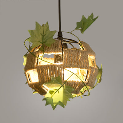 Global Cage Pendant Lamp with Rope and Metal 1 Head - Country Style Beige Hanging Light for Restaurants