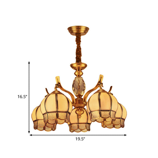 Colonial Frosted Glass 5-Light Gold Ceiling Chandelier - Bud Bedroom Pendant Light