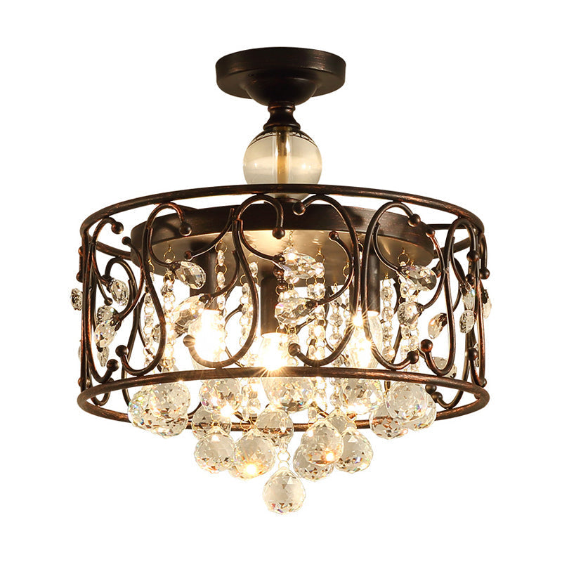 Industrial Drum Metal Ceiling Light Fixture - Antique Copper Semi Flush Mount with Crystal Ball - 3 Bulbs