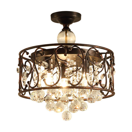 Industrial Drum Metal Ceiling Light Fixture - Antique Copper Semi Flush Mount with Crystal Ball - 3 Bulbs