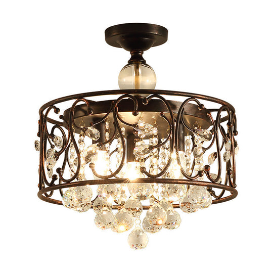 Industrial Drum Metal Ceiling Light Fixture - Antique Copper Semi Flush Mount With Crystal Ball 3