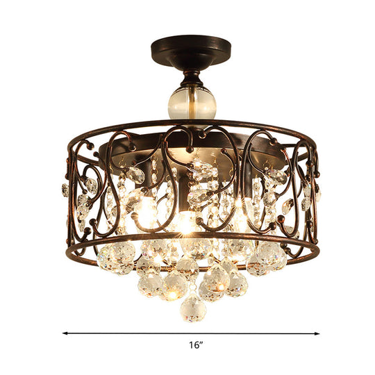 Industrial Drum Metal Ceiling Light Fixture - Antique Copper Semi Flush Mount with Crystal Ball - 3 Bulbs