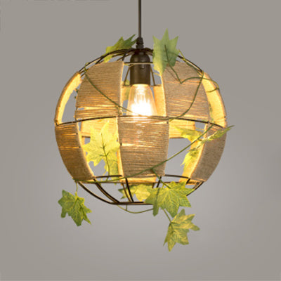 Global Cage Pendant Lamp with Rope and Metal 1 Head - Country Style Beige Hanging Light for Restaurants