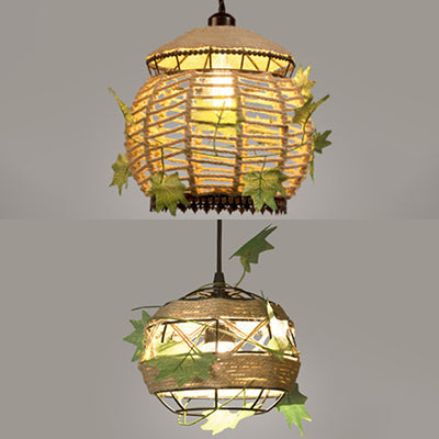 Industrial Style Rope Pendant Light with Artificial Leaf - 6.5"/8.5" W Global Restaurant Hanging Ceiling Lighting in Beige