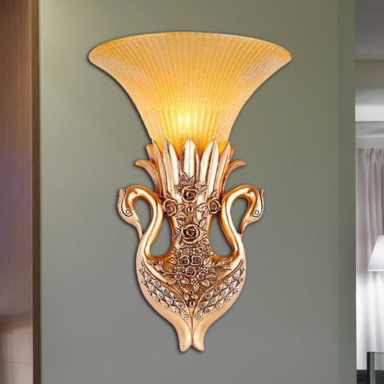 Country Resin Swan Wall Sconce Lamp With Amber Glass Shade And Gold Finish