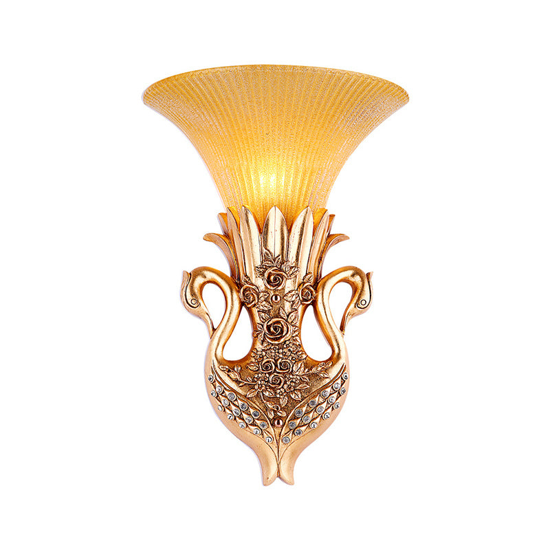 Country Resin Swan Wall Sconce Lamp With Amber Glass Shade And Gold Finish