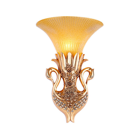 Country Resin Swan Wall Sconce Lamp With Amber Glass Shade And Gold Finish