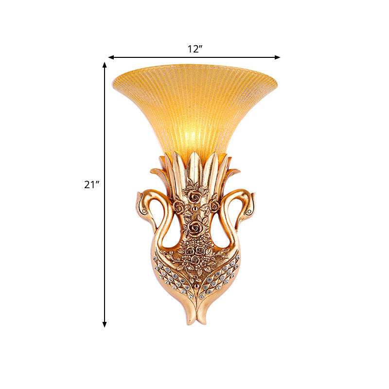 Country Resin Swan Wall Sconce Lamp With Amber Glass Shade And Gold Finish