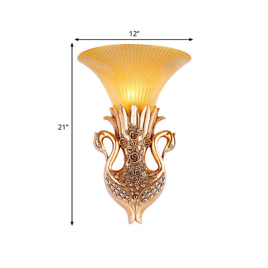 Country Resin Swan Wall Sconce Lamp With Amber Glass Shade And Gold Finish