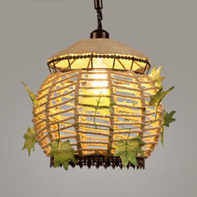 Industrial Style Rope Pendant Light with Artificial Leaf - 6.5"/8.5" W Global Restaurant Hanging Ceiling Lighting in Beige