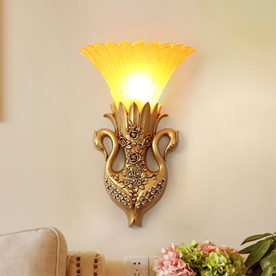 Rustic Bell Wall Mounted Light - Yellow Glass And Resin Lamp With Gold/White Swan Backplate Gold