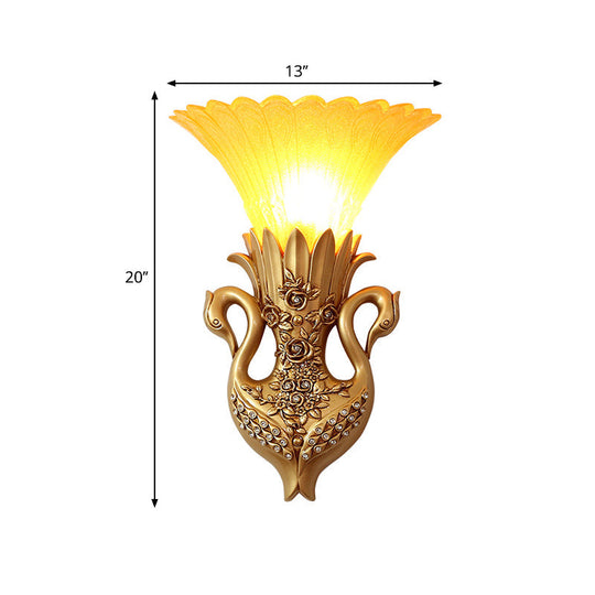 Rustic Bell Wall Mounted Light - Yellow Glass And Resin Lamp With Gold/White Swan Backplate