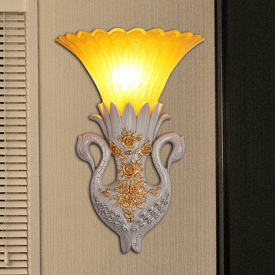 Rustic Bell Wall Mounted Light - Yellow Glass And Resin Lamp With Gold/White Swan Backplate White