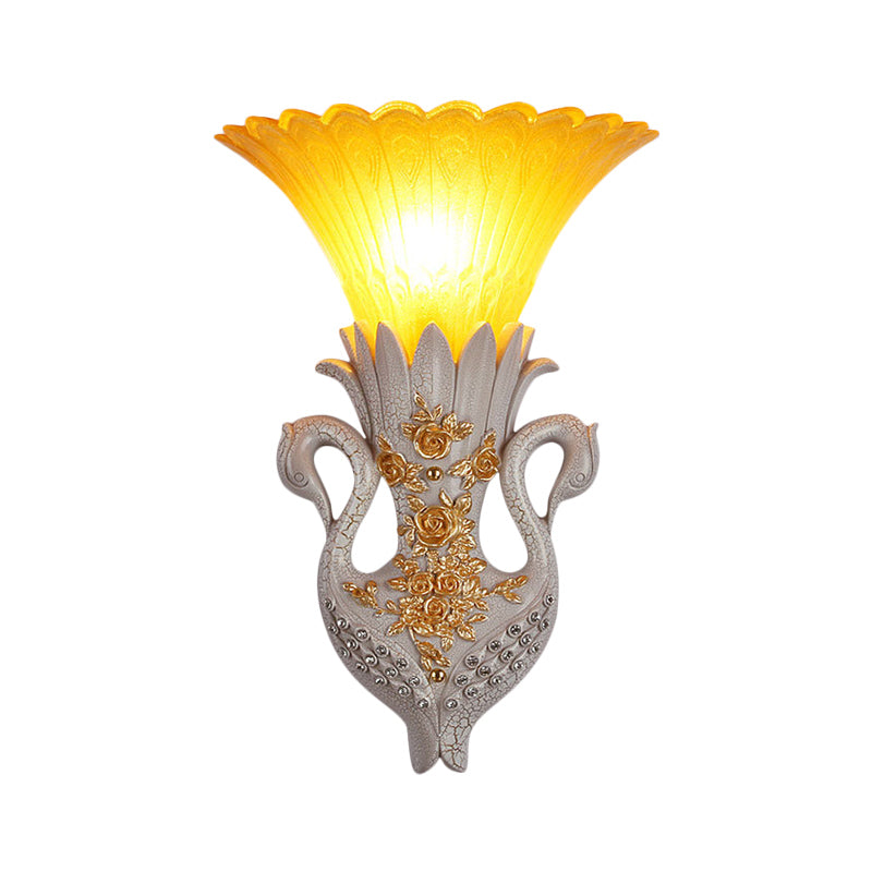 Rustic Bell Wall Mounted Light - Yellow Glass And Resin Lamp With Gold/White Swan Backplate