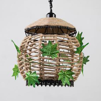 Industrial Style Rope Pendant Light with Artificial Leaf - 6.5"/8.5" W Global Restaurant Hanging Ceiling Lighting in Beige