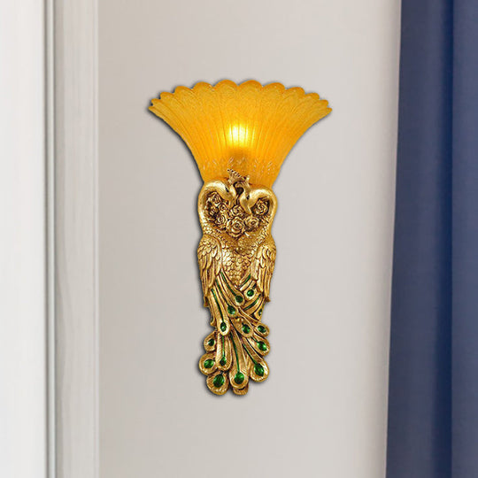 Flared Corridor Sconce Lamp With Peacock Design - Country Amber Glass And Resin Gold Finish Wall