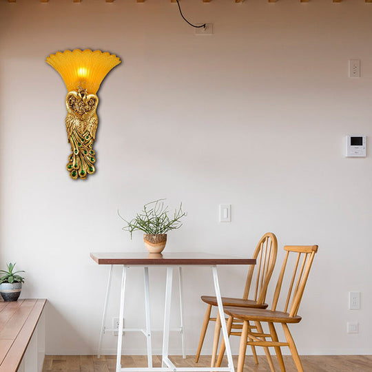 Flared Corridor Sconce Lamp With Peacock Design - Country Amber Glass And Resin Gold Finish Wall