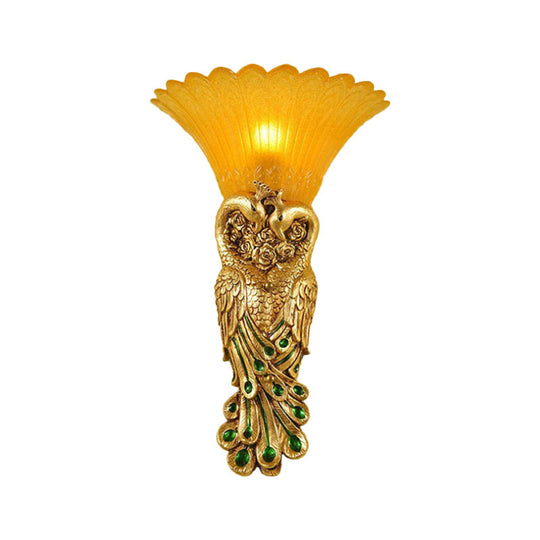 Flared Corridor Sconce Lamp With Peacock Design - Country Amber Glass And Resin Gold Finish Wall