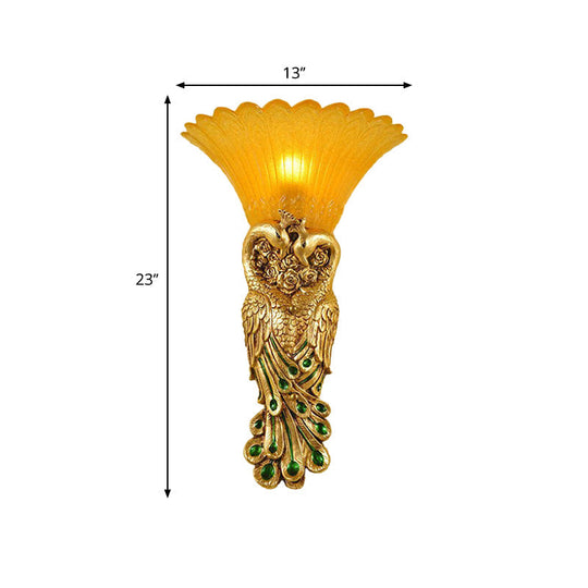 Flared Corridor Sconce Lamp With Peacock Design - Country Amber Glass And Resin Gold Finish Wall