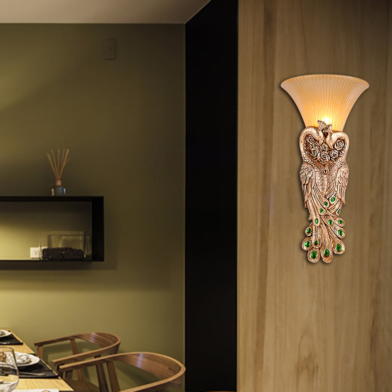 Flared Corridor Sconce Lamp With Peacock Design - Country Amber Glass And Resin Gold Finish Wall