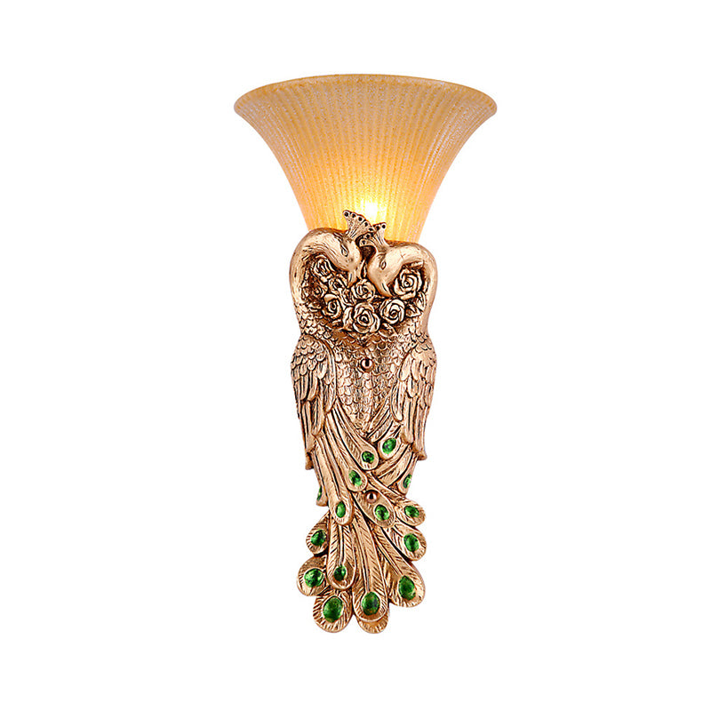 Flared Corridor Sconce Lamp With Peacock Design - Country Amber Glass And Resin Gold Finish Wall